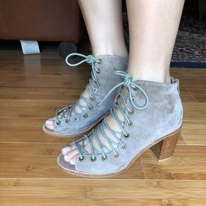 Jeffrey Campbell Cors Taupe Suede Lace Up Booties